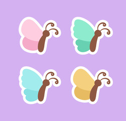 Cute butterfly stickers illustration set. Pretty vector butterflies side view with spring and summer colors for kids.