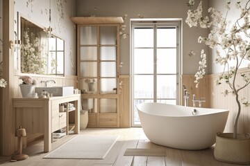 Fototapeta na wymiar White beige farmhouse bathroom. Freestanding wooden bathtub with paper door. Cotton flowers, parquet floor, wallpaper, and tiles, Japanese interior design,. Generative AI
