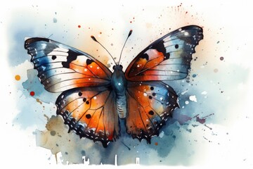 colorful butterfly painted with watercolors on a plain white background. Generative AI