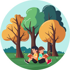 Character of Boy And Girl Sitting Back To Each Other While Reading Book On Beautiful Nature...