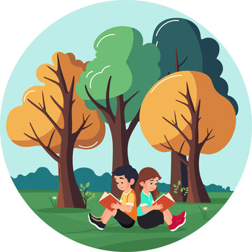 Character of Boy And Girl Sitting Back To Each Other While Reading Book On Beautiful Nature Background.