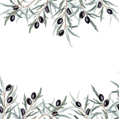 Watercolor banner with black olive leaves branches.Watercolor olive in bouquet. Decorative element for greeting card. Illustration