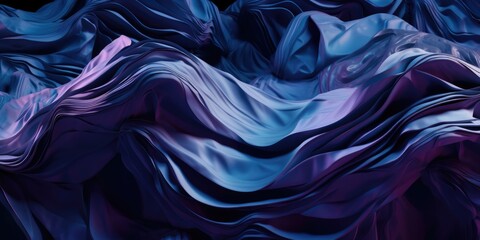 Abstract smooth waves and curves with metallic sheen of deep dark blue and amethyst purple colors, folding backdrop with a shallow depth of field bokeh blur - generative AI - obrazy, fototapety, plakaty
