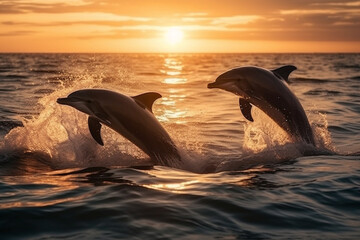 Beautiful bottlenose dolphins jumping out of sea at sunset © Daniel