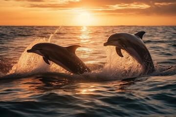 Beautiful bottlenose dolphins jumping out of sea at sunset