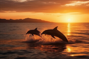 Beautiful bottlenose dolphins jumping out of sea at sunset