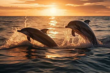 Beautiful bottlenose dolphins jumping out of sea at sunset