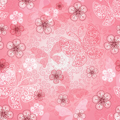 Vector Easter pink seamless pattern with rvintage pattern and butterflies