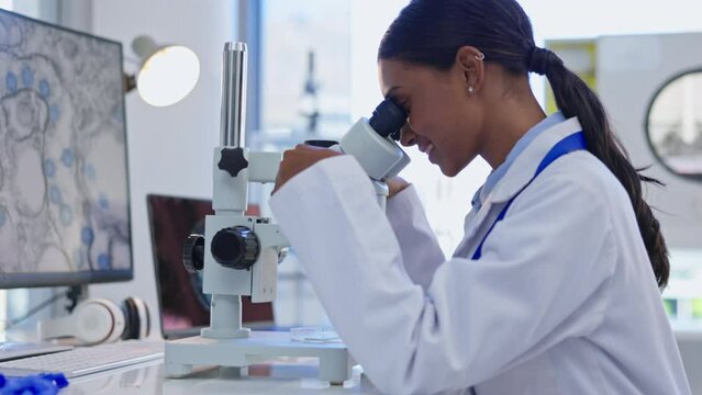 Medical, microscope check and woman scientist doing research for dna and laboratory work for science. Lab worker, analytics and biotechnology of a clinic employee working on health development