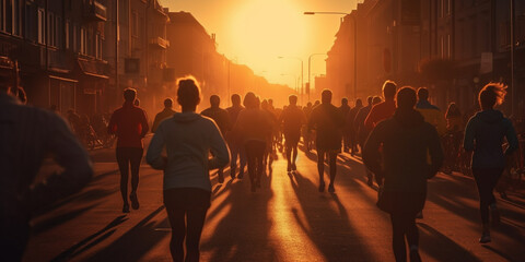 Start of people running on street,with sunset light Generative AI