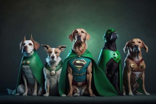 Gang of dog as superheroes with cape on green background. Created Generative Ai