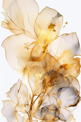 Fototapeta na wymiar Alcohol ink art with light golden botanical leaf and floral for invitation paper generative AI technology