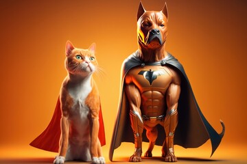 Superpet Cat and Dog as superheroes with cape on orange background. Created Generative Ai