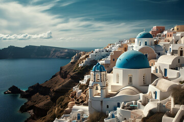 Fototapeta na wymiar White Orthodox Church and Azure Sea Panorama (AI Generated)
