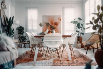 Blurred backdrop, stylish dining and living room. Table, seats, and carpet. Farmhouse decor,. Generative AI