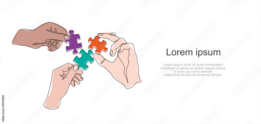 Poster continuous one line drawing of hands and puzzle. business matching - connecting puzzle elements. puz