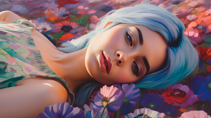 painting of woman surrounded by flowers in the water, spring concept