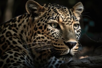 Plakat The leopard is depicted in close up, laying on its right side with its head and shoulders predominating. Generative AI