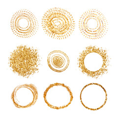 Gold circle frames set. Abstract vector golden round shapes sparkles border. Greeting cards with design elemens.