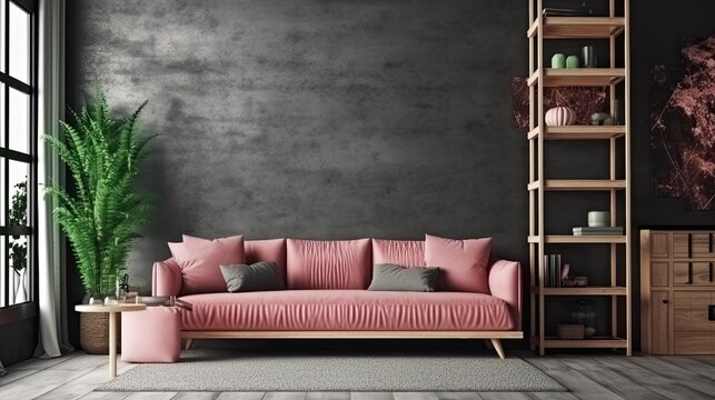 Interior with pink sofa and ladder shelf in modern living room and black mockup wall. Created with Generative AI Technology. 