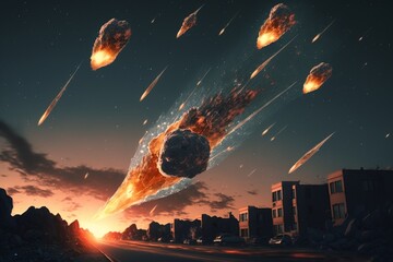 Falling meteorite against the background of the city. Generative AI illustration
