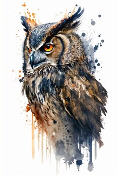 Watercolor portrait of an owl on a white background. Generative AI illustration