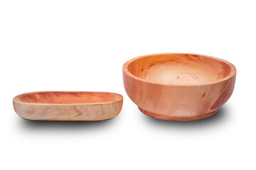 Round wooden bowl with oblong wooden bowl on white background