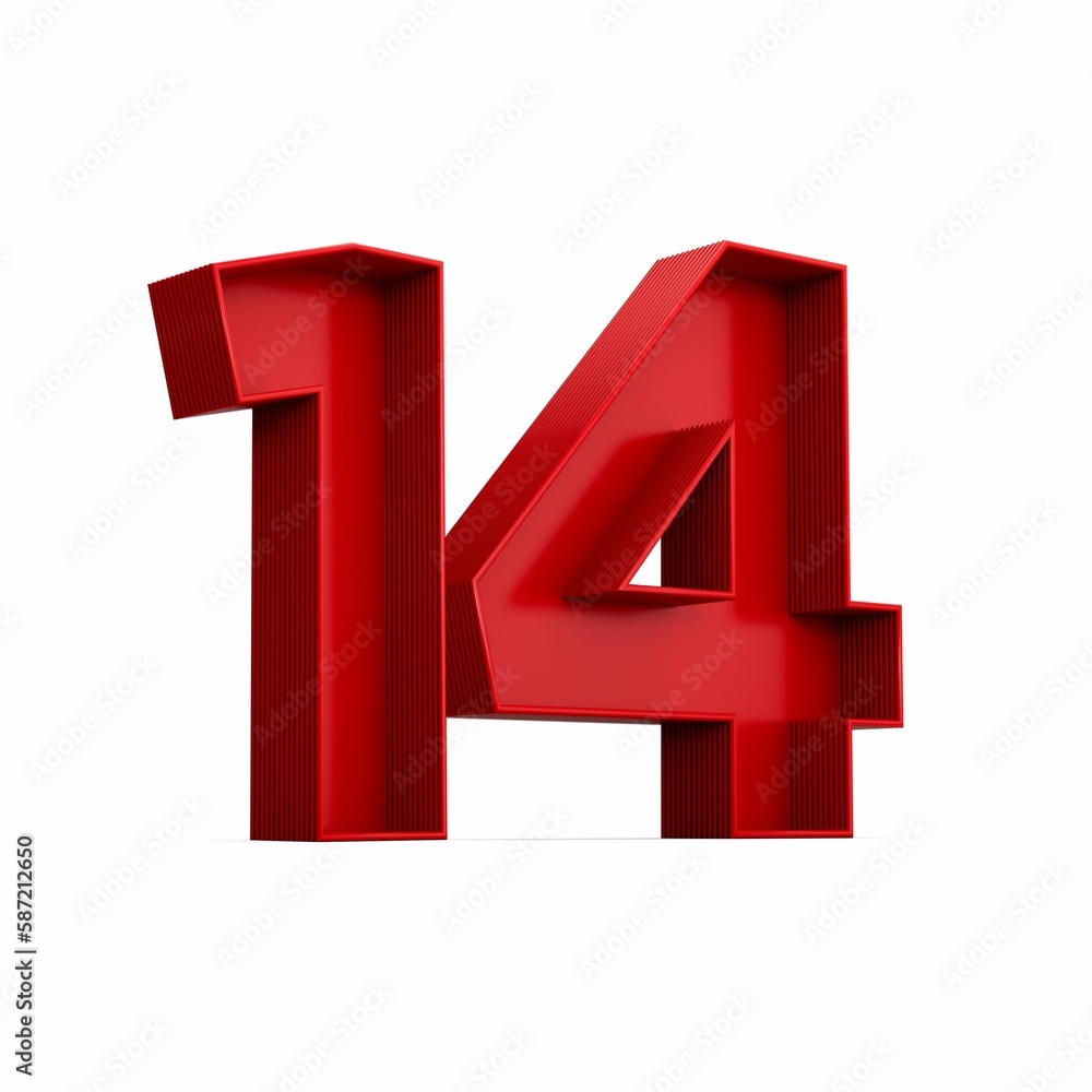 Poster 3d rendering of the red number 14 isolated on the empty white background