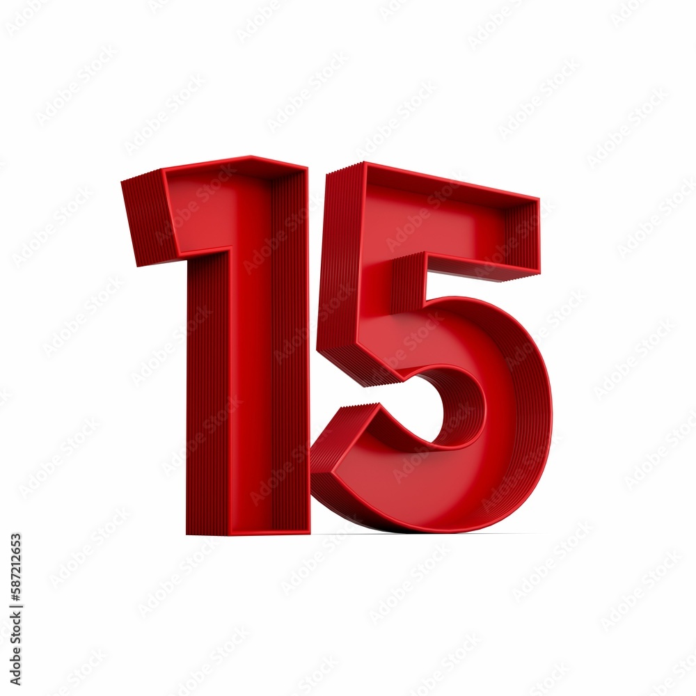 Poster 3d rendering of the red number 15 isolated on the empty white background