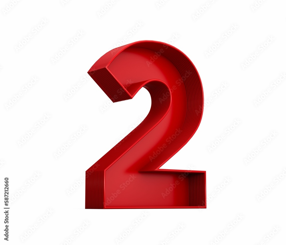 Poster 3d rendering of the red number 2 isolated on the empty white background