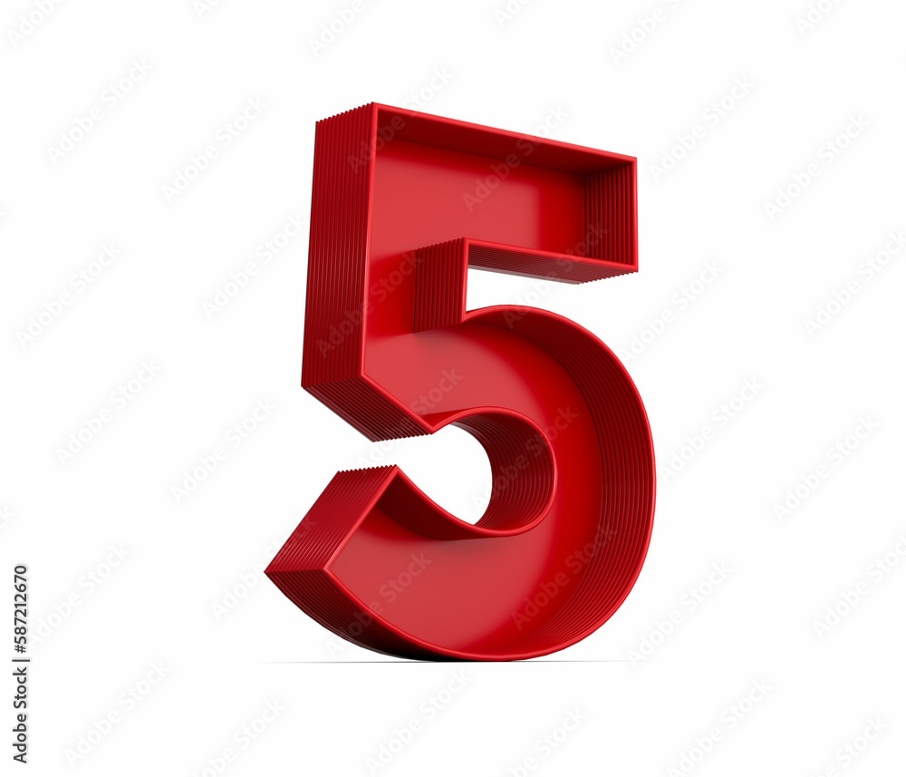 Poster 3d rendering of the red number 5 isolated on the empty white background