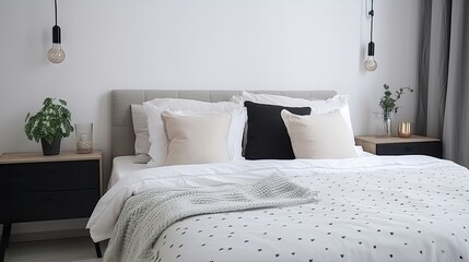 Bed in the bedroom in a Scandinavian style. Generative AI