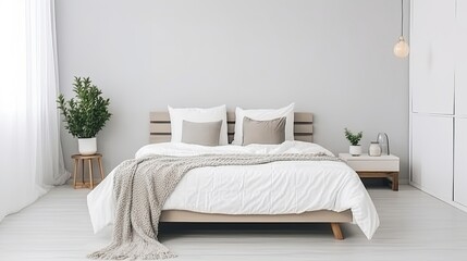 Fototapeta na wymiar Bed in the bedroom in a Scandinavian style. Generative AI