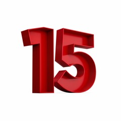 3d rendering of the red number 15 isolated on the empty white background