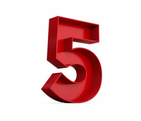 3d rendering of the red number 5 isolated on the empty white background