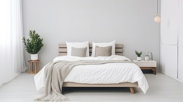 Bed in the bedroom in a Scandinavian style. Generative AI