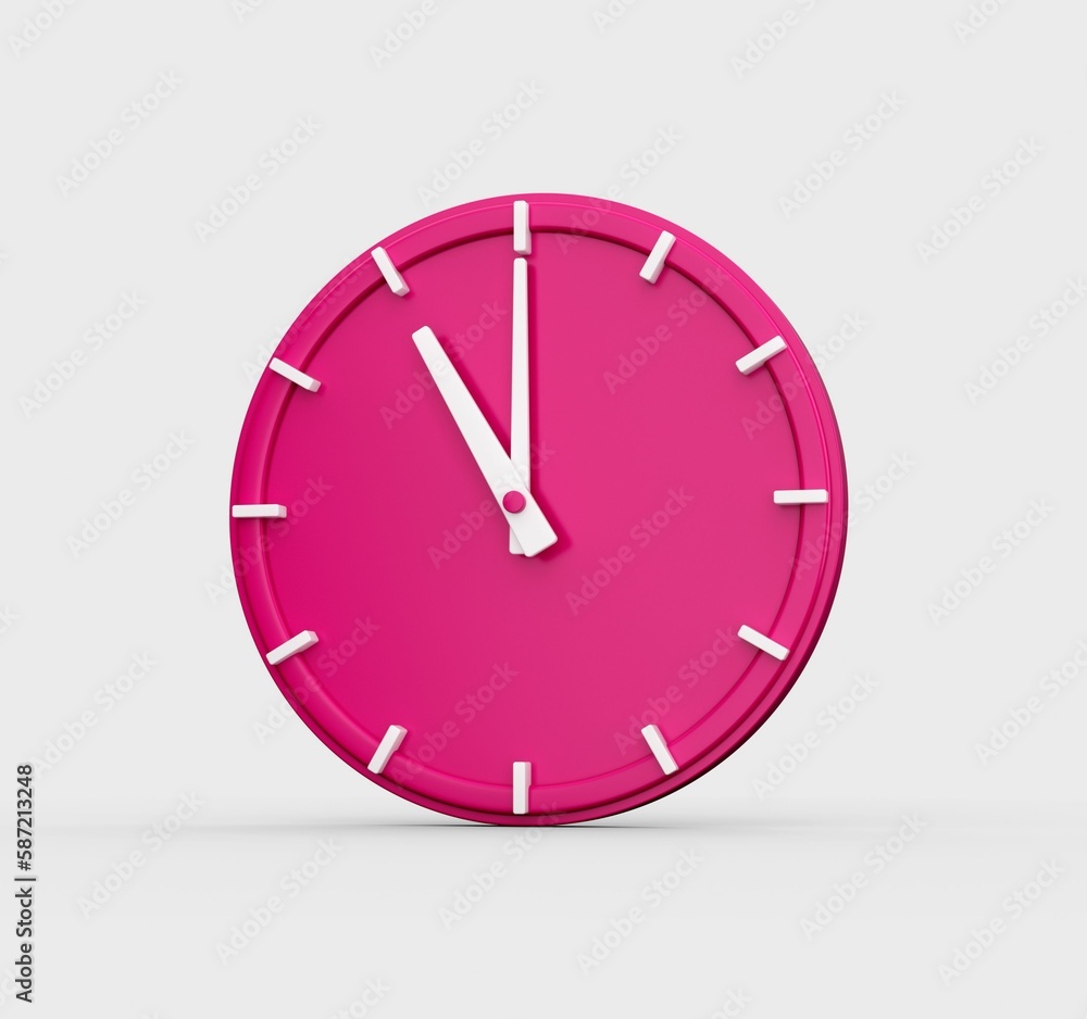 Poster 3d render of a pink wall clock showing the time 11 o'clock isolated on a white background