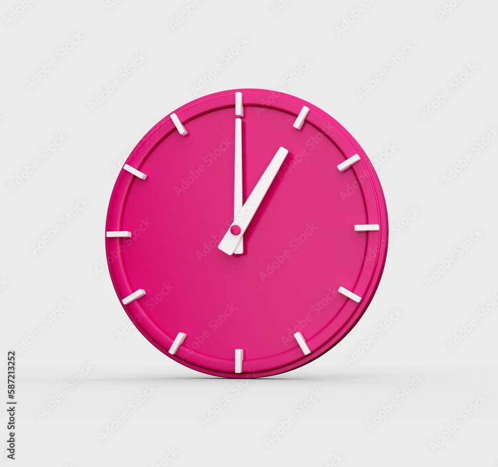 Poster 3d render of a pink wall clock showing the time 1 o'clock isolated on a white background