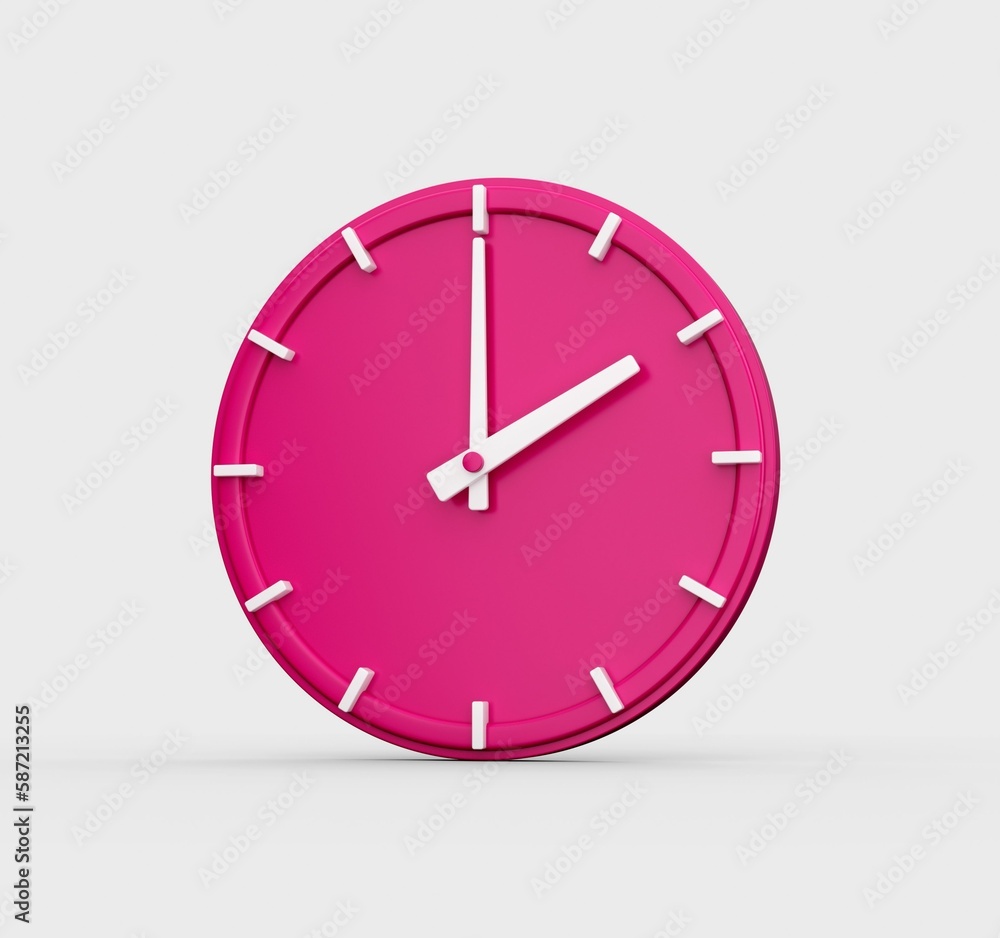 Poster 3d render of a pink wall clock showing the time 2 o'clock isolated on a white background