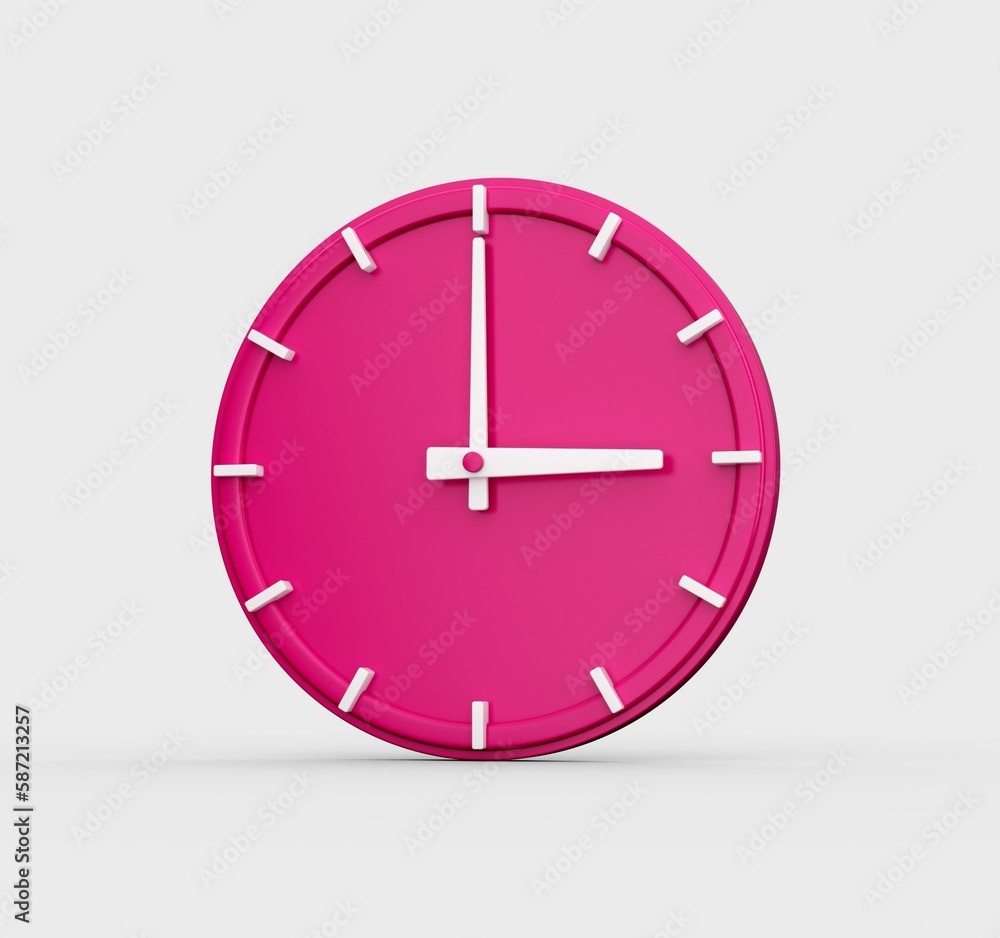 Poster 3d render of a pink wall clock showing the time 3 o'clock isolated on a white background