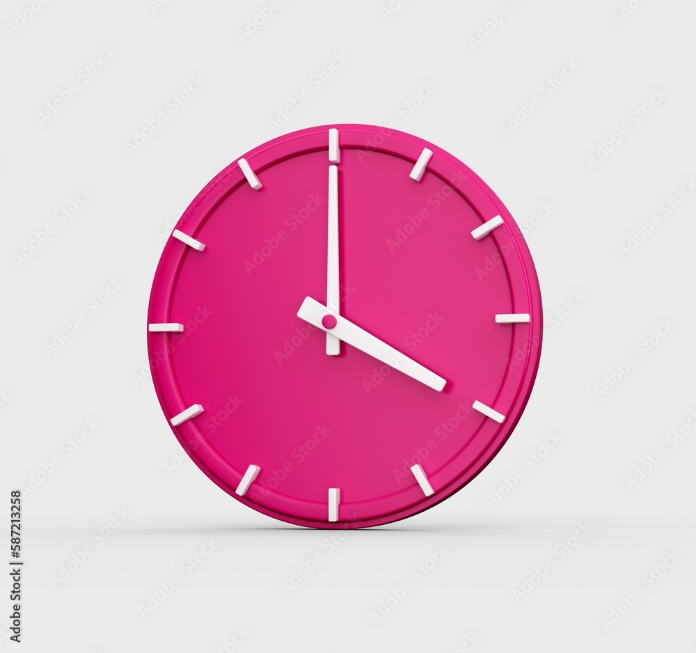 Poster 3d render of a pink wall clock showing the time 4 o'clock isolated on a white background