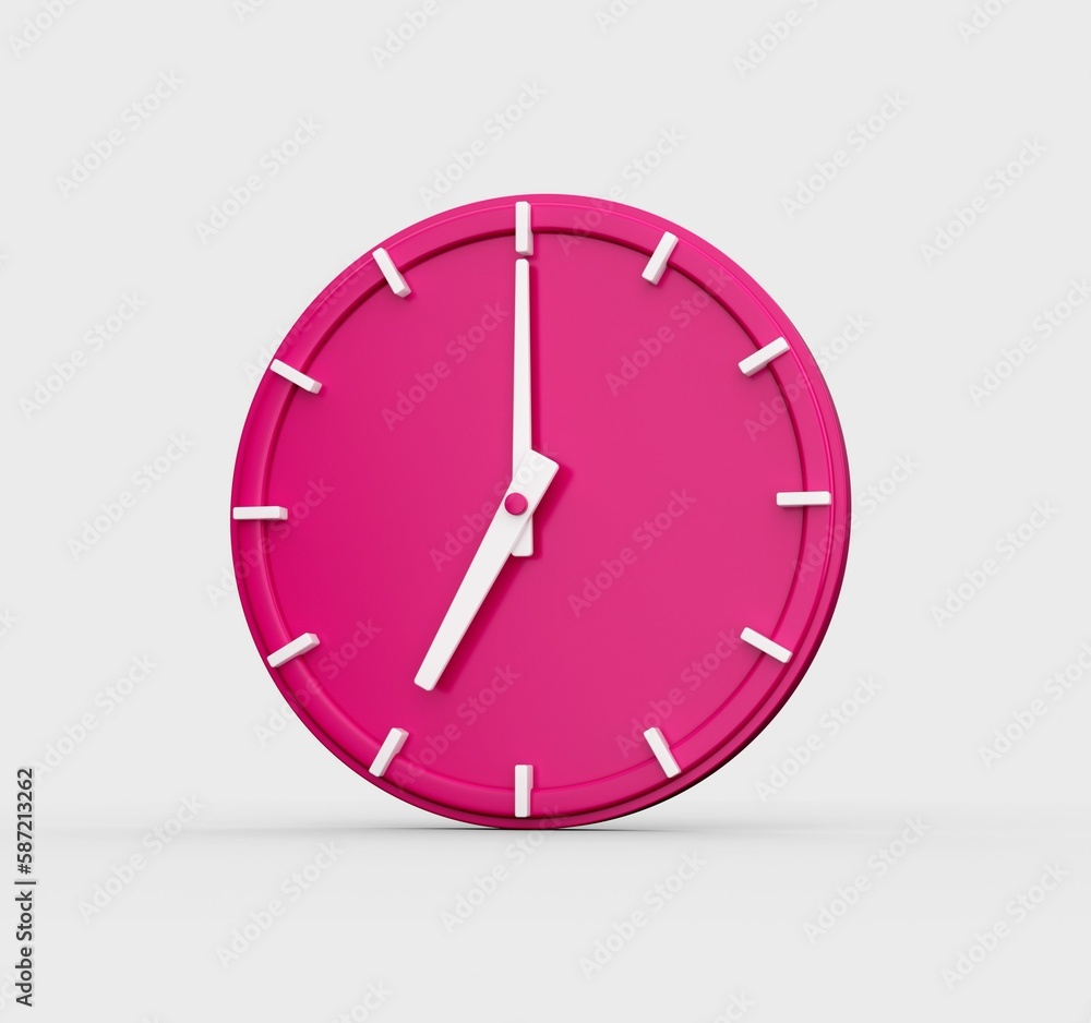 Poster 3d render of a pink wall clock showing the time 7 o'clock isolated on a white background