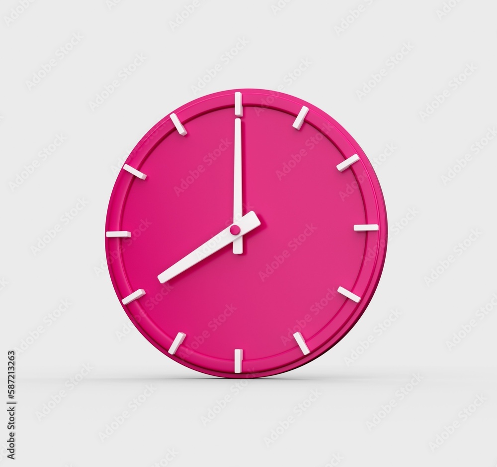 Poster 3d render of a pink wall clock showing the time 6 o'clock isolated on a white background