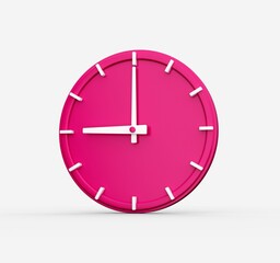 3D render of a pink wall clock showing the time 9 o'clock isolated on a white background