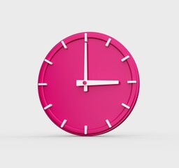 3D render of a pink wall clock showing the time 3 o'clock isolated on a white background