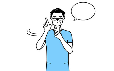 スマホを操作する中年・シニア男性看護師、理学療法士、作業療法士、言語聴覚士、看護助手