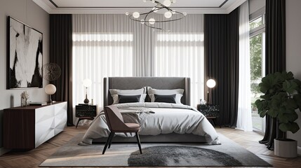 Modern bedroom interior with cement wall, minimalist style, Generative AI