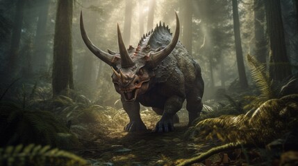 Majestic Triceratops Strolling Through Prehistoric Landscape: Detailed 16:9 Image Emphasizing Dinosaur's Iconic Traits and Natural Poses. Generative AI Illustration