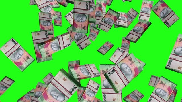 Indonesian Rupiah 20000 IDR banknote packs falling loop. Indonesia money note fall. 3D seamless looped isolated abstract concept of economy, finance, crisis, success and banking. Green screen.