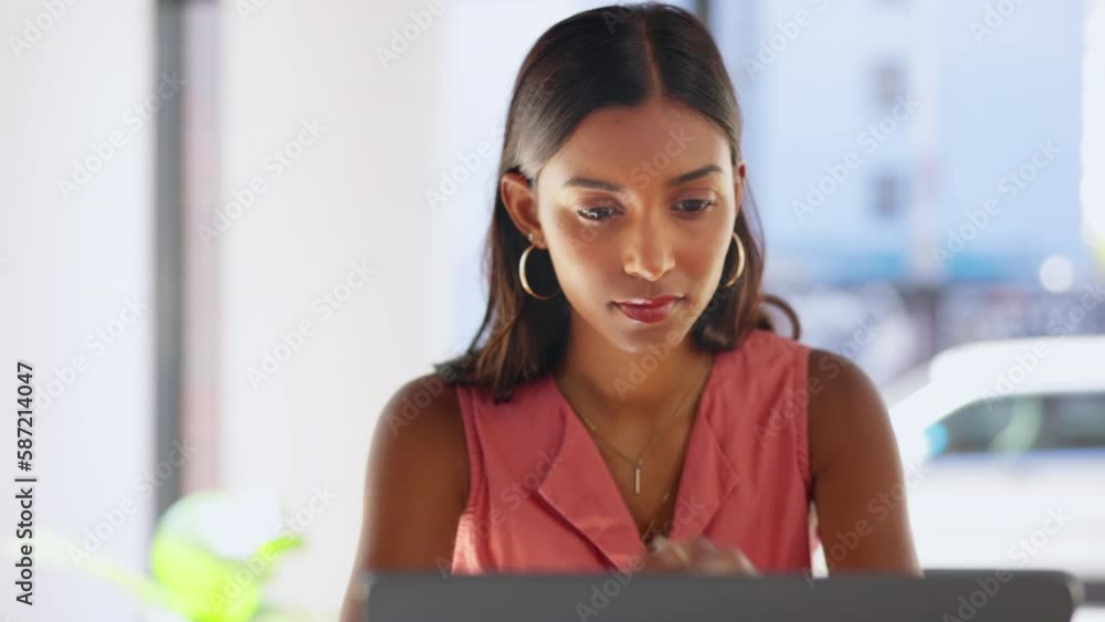 Poster thinking, focused and woman at laptop in office for planning, research and search website. serious f